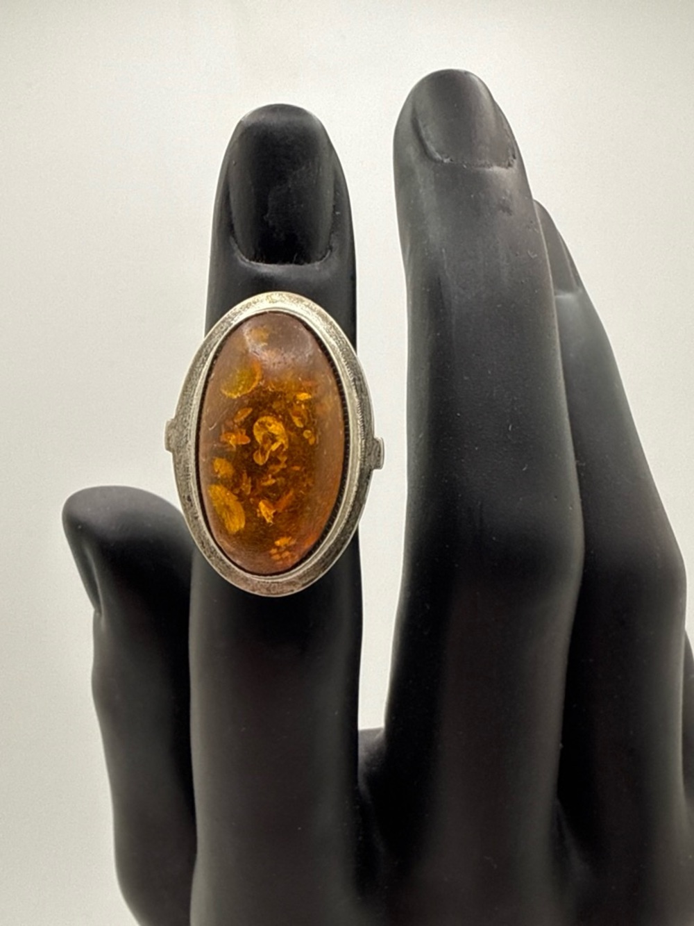 Silver-tone Amber Oval Cocktail Ring - Orange Amber